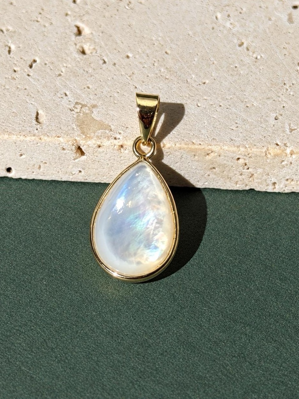 14K Solid Gold Pear Mother of Pearl Pendant, Bezel Set Charm 21x10mm
